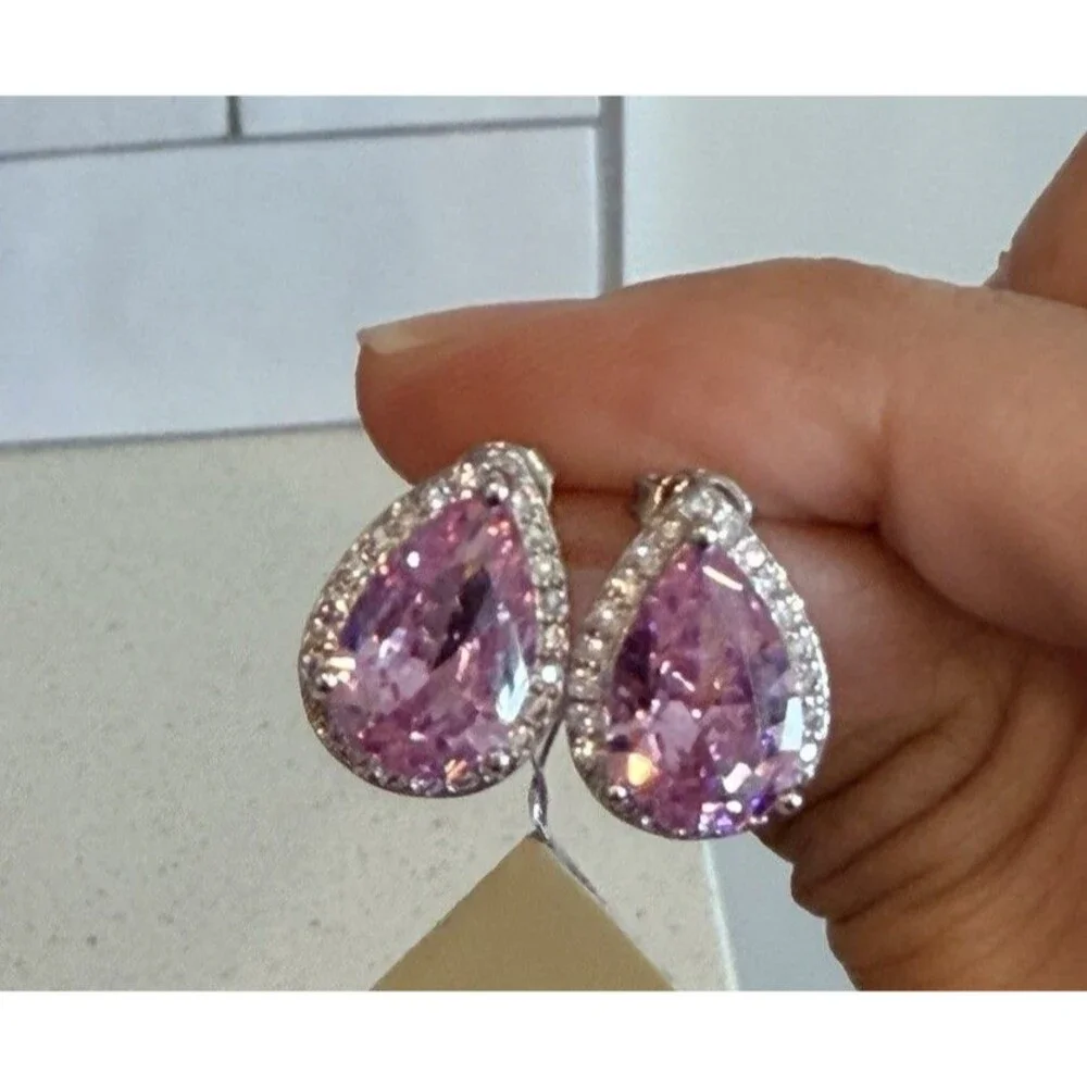 925 Sterling Silver Halo Tear Drop Pink Lap Sapphire Stud Earrings White CZ
